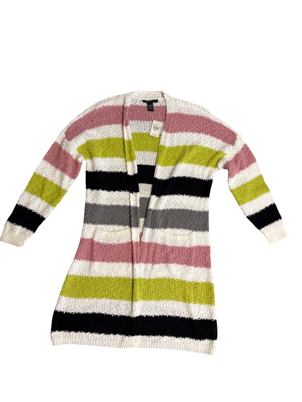 Ashley Stewart Striped Open-Front Cardigan - Pink, Lime, Black, Gray, White